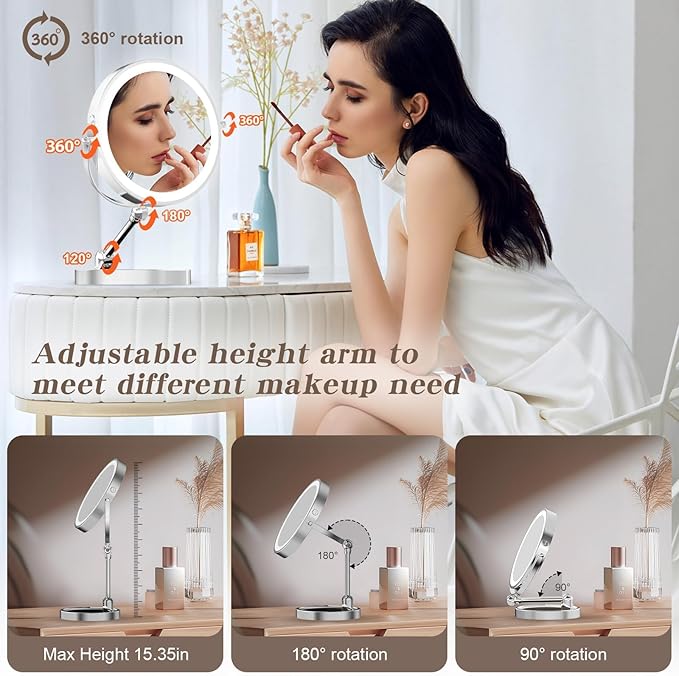 Rocollos 9" Large Lighted Makeup Mirror with 1X/10X Magnification, 4000mAh Rechargeable Vanity Mirror with Height Adjustable & 3 Color Dimmable Lights (9 Inch Chrome)