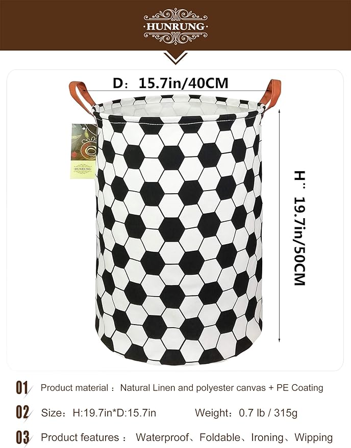 HUNRUNG Laundry Hamper,Large Canvas Fabric Lightweight Storage Basket Toy Organizer Dirty Clothes Collapsible Waterproof for College Dorms, Children Bedroom,Bathroom???Roud-Football???