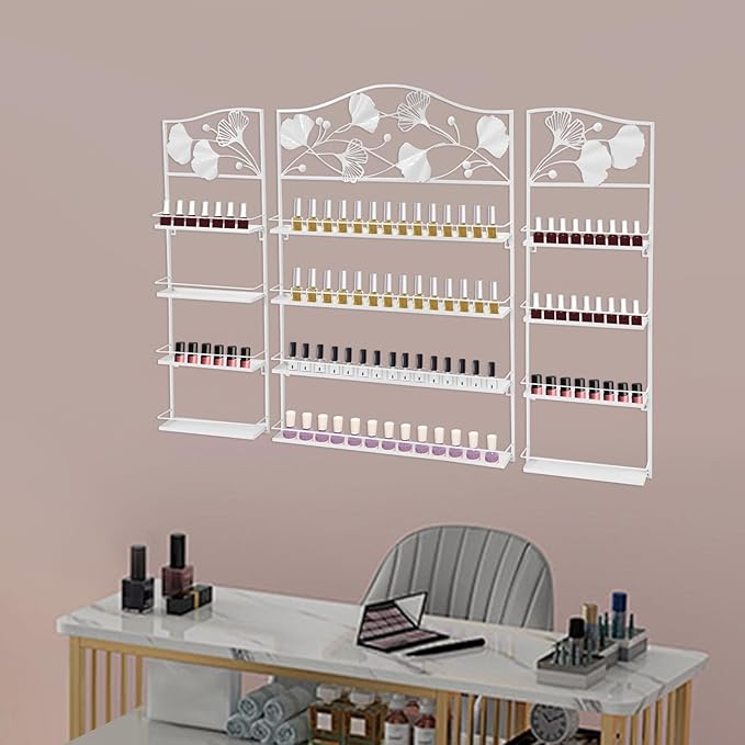 3PCS Metal Nail Polish Racks, Nail Polish Wall Organizer 4 Tiers Leafage Shape Display Rack Wall Mounted Display Case for Home Spa Nail Salon Shop- White