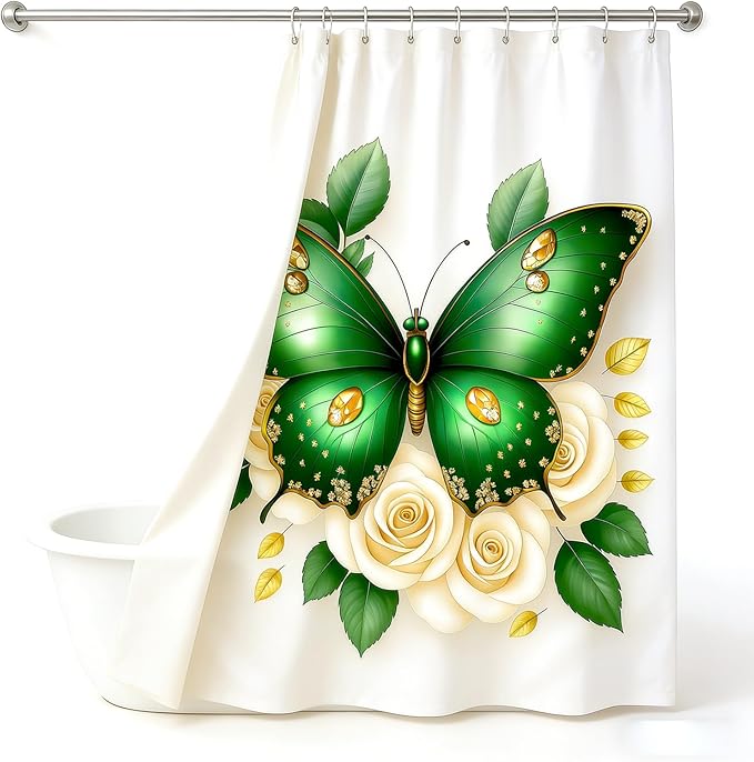 Dreamrflove Butterfly Shower Curtain, 1 Itembutterfly Shower Curtains for Bathroom, Green Butterfly Floral Shower Curtain, 72x72 Inch Waterproof Polyester Insulated Home Decor
