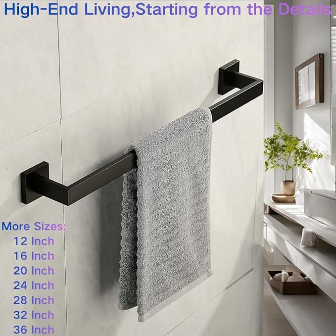 20 Inch Towel Bar for Bathroom 12/16/20/24/28/32/36 Inch Kitchen Towel Holder Matte Black Towel Rod Wall Mounted SUS304 Rustproof Towel Rack Modern Square Design (1, Matte Black, 20 Inch)