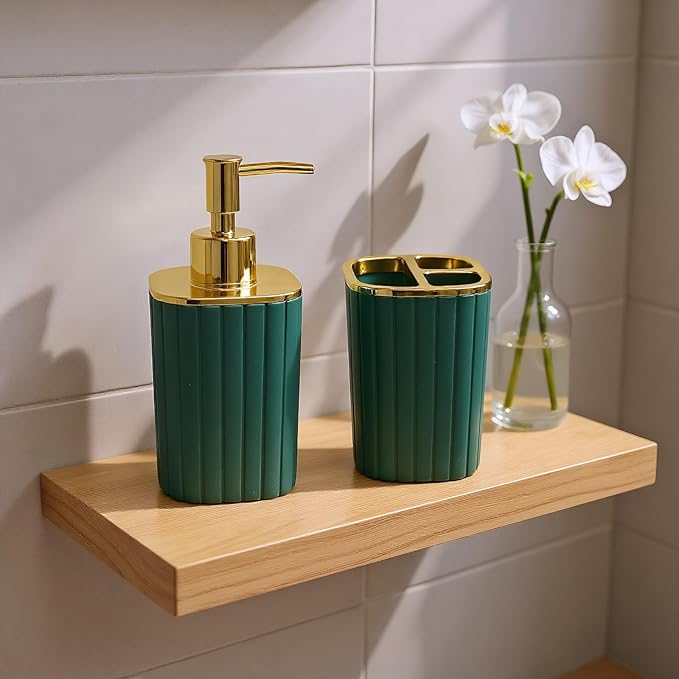 2Pack Bathroom Accessories Set, Forest Green Bathroom Set. Bathroom Toothbrush Holder Set, Includes Dispenser and Toothbrush Holder. Bohemian Bathroom Accessories