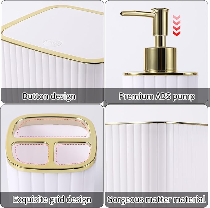 XLHOMO Bathroom Accessories Set - Gorgeous Bathroom Set, 10PC White Bathroom Accessory Set, Toilet Brush, Trash Can, Qtip Holder Dispenser & Soap Dispenser