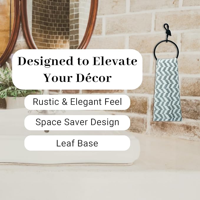 The Metal Magician Round Hand Towel Holder for Bathroom Wall - Kitchen Towel Ring - Aesthetic Design & Heavy Duty Durability - (Leaf-Shaped Wall Mount) - (Black)
