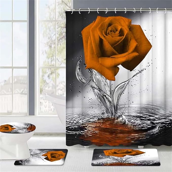 Orange Rose Bathroom Set with Shower Curtain, Non-Slip Rugs, Bath Mat, Toilet Lid Cover and 12 Strong Hooks - Modern Style