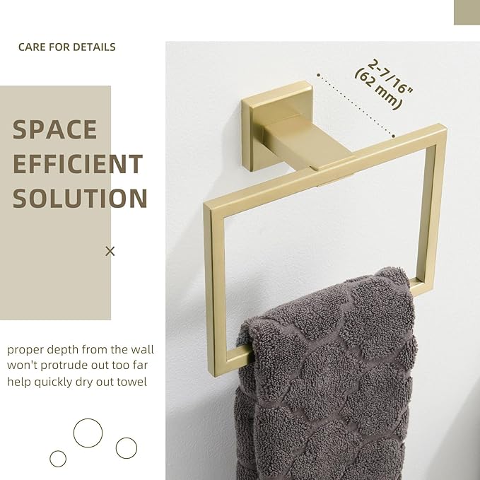 Angle Simple Towel Ring Square, SUS304 Stainless Steel Hand Towel Holder for Bathroom Wall, 7.09 Inches, Brushed Gold
