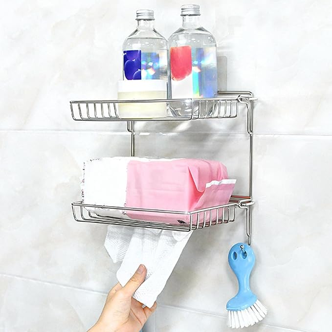 2 Tier Bathroom Shelves, Wall Mounted Stainless Steel Folding Storage Rack Kitchen Organization for Kitchen Bathroom Cabinet