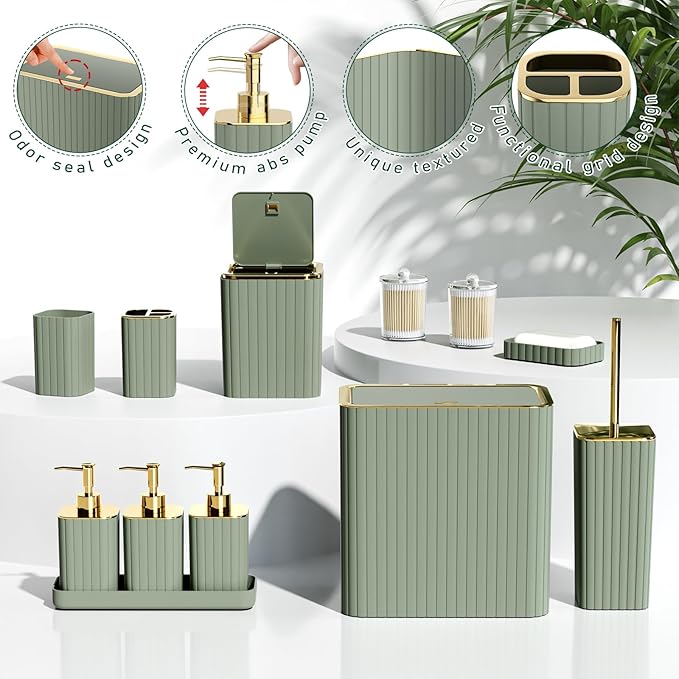 Bathroom Set - Bathroom Sets with Shower Curtain and Rugs, Sage Green Bathroom Set, 27PC Bathroom Accessories Set, Mini Trash Can, Toilet Brush, Trash Can & Soap Dispenser
