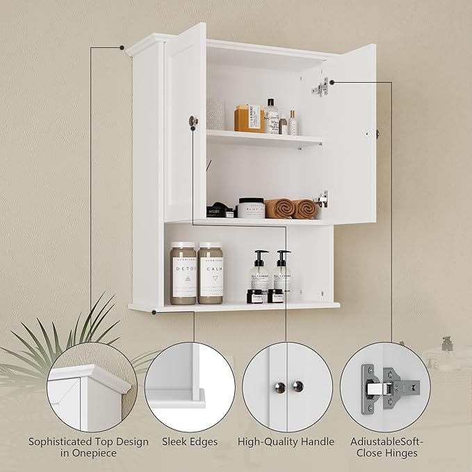 Medicine Cabinet, Over The Toilet Storage Cabinet, 24x30 Inch Wall Mount Bathroom Storage Cabinet with 2 Doors & Adjustable Shelves, Wooden Bathroom Wall Cabinet, White