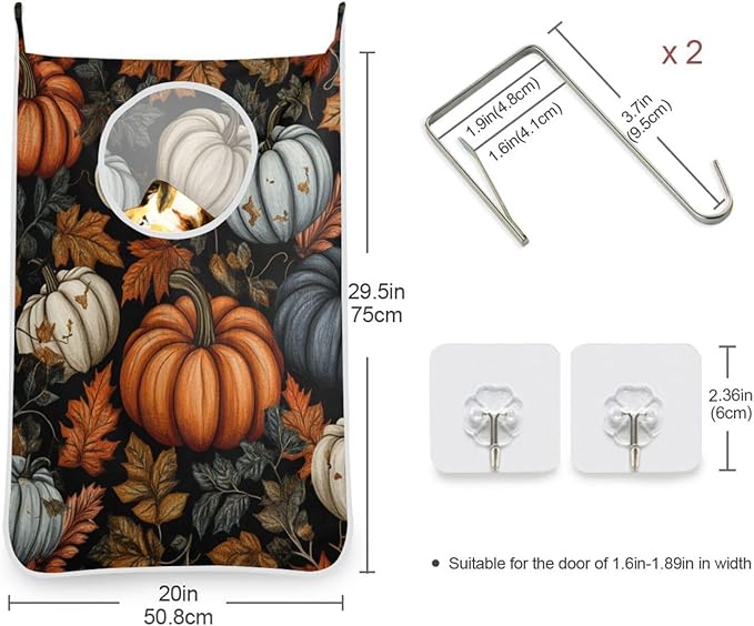 Hanging Laundry Hamper Over the Door with Stainless Steel Hooks Rack Dirty Clothes Wall Mounted Hamper Basket Bag 29.5X20inch Fall Thanksgiving Pumpkin