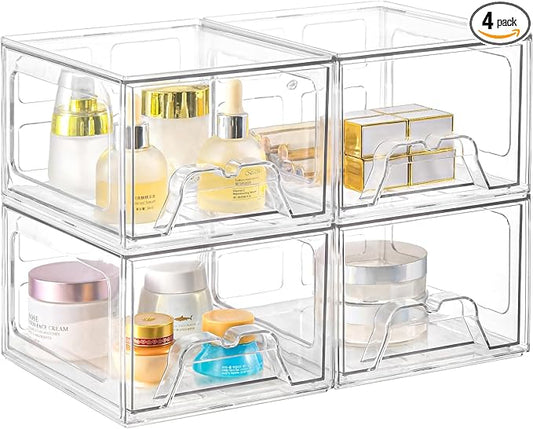 4 Pack Stackable Makeup Organizer, 4.4'' Tall Acrylic Bathroom Makeup Organizer and Storage Drawer with Pull-out Handle, Clear Plastic Storage Bins for Vanity,Pantry,Desk,Undersink,Kitchen