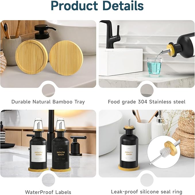 Black Glass Mouthwash Dispenser for Bathroom Countertop – 14oz/410ml Refillable Mouthwash Container with Glass Cup & Bamboo Tray, Modern Bathroom Decor for Home, Office, Airbnb (Black)