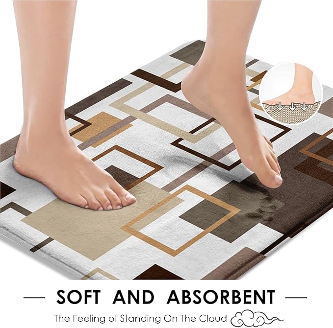 Geometric Brown Shower Curtain Set with Toilet Lid Cover and Non-Slip Rugs, Abstract Square 4 Pcs Shower Curtain for Bathroom, Modern Simple Line Bathroom Decor