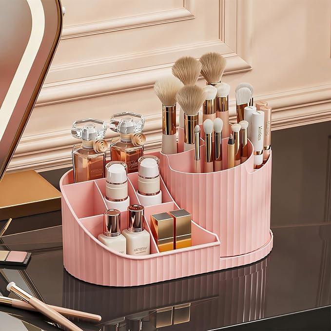 Anyoifax 360 Rotating Makeup Brush Holder Organizer with Divide 5 Slots Make Up Brushes Cup Flower-Shaped Spinning Pen Holder for Vanity, Cosmetics, Lipsticks, Pink