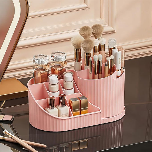 Anyoifax 360 Rotating Makeup Brush Holder Organizer with Divide 5 Slots Make Up Brushes Cup Flower-Shaped Spinning Pen Holder for Vanity, Cosmetics, Lipsticks, Pink