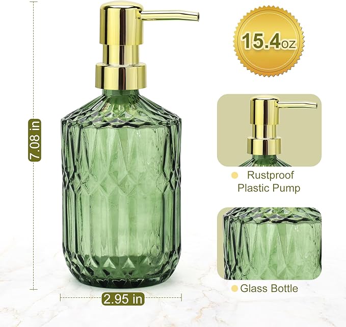 Green Glass Soap Dispenser (15.4 Oz, 1 Pack), Dish Soap Dispenser with Golden Rust Proof Pump for Kitchen Sink, Refillable Bathroom Hand Soap Lotion Dispenser
