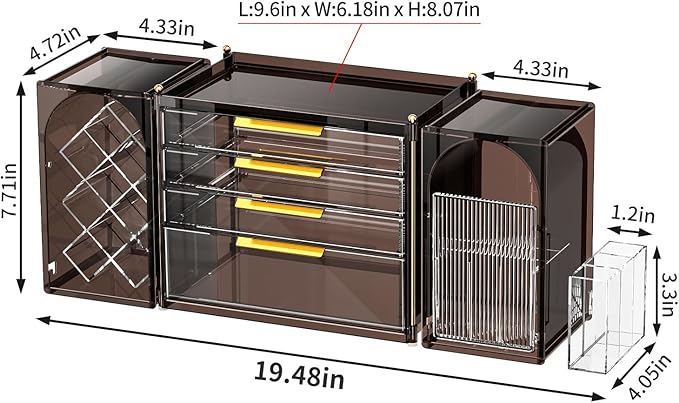 4-Tier Drawer Makeup Organizer, 3-in-1 Free Combination Cosmetic Storage with Lipstick Holder & Brush Rack, Skincare Organizer with Mini Tray for Vanity Bathroom Bedroom Dorm