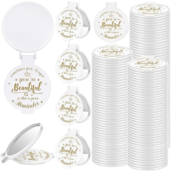 100 Pcs 2.76 Inch Inspirational Compact Mirror Bulk Women Small Gifts Graduation Party Favors Purse Mirror Pocket Mini Stuffer Items for Adult Coworker Cheerleader Employee (White)