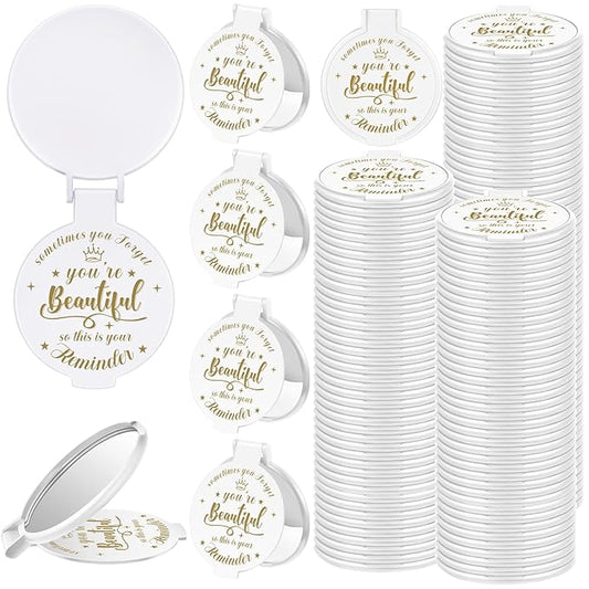 100 Pcs 2.76 Inch Inspirational Compact Mirror Bulk Women Small Gifts Graduation Party Favors Purse Mirror Pocket Mini Stuffer Items for Adult Coworker Cheerleader Employee (White)