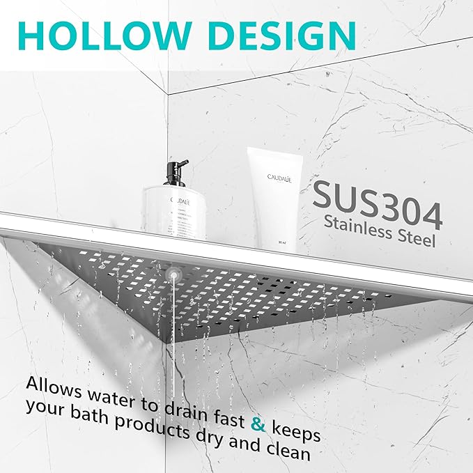 Qeke Bathroom Corner Shelf, Recessed 12" Shower Shelf Caddy, SUS304 Stainless Steel Shelf Wall Mount Triangular, No Drilling, Brushed Nickel