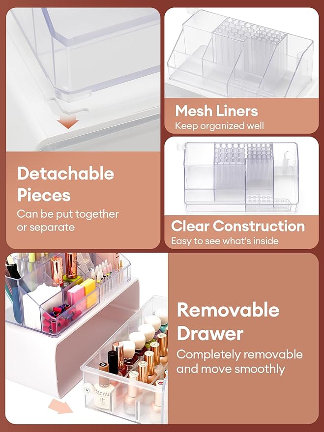 LIARTY Nail Drill Holder with Drawer: Acrylic Nail Drill Bits Holder Makeup Organizer Case for Brush - Beauty Cosmetic Storage Box for Dresser Countertop and Bathroom Vanity