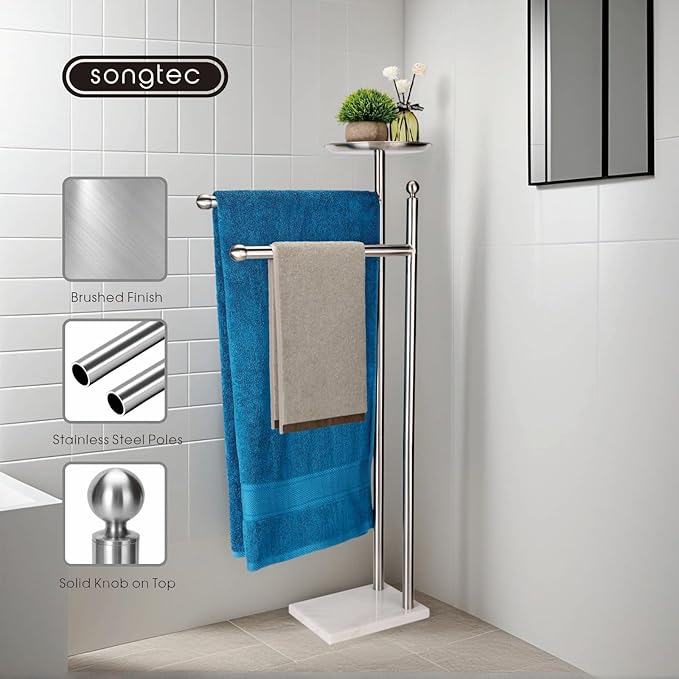 Songtec Bath Towel Rack Stand for Bathroom, 2-Tier Towel Holder Stand for Bath Towels Max to 68” & 60” Long, Practical Shelf on Top for Phone, Shampoo, Body Wash