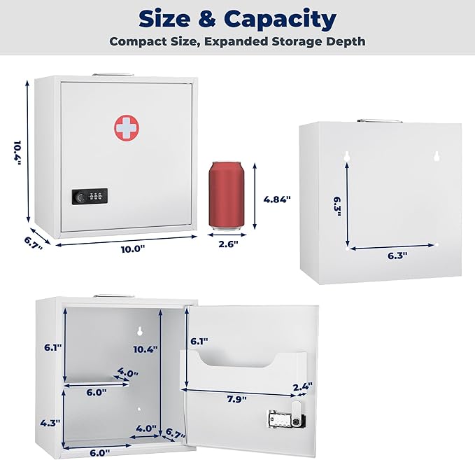 Metal Medicine Cabinet with Combination Lock, Wall Mounted Freestanding Locking Medicine Box, Secure Medication Storage for Home Office Clinic School