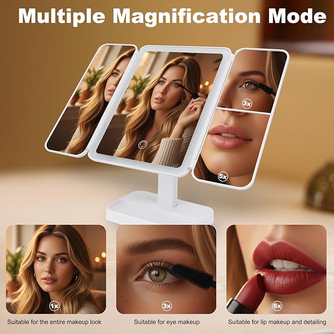 2026 Newly Upgraded Three-Sided Folding Makeup Mirror, Desktop LED Two-in-one Seashell-Shaped Three-Sided Mirror, Large Size with Adjustable Light