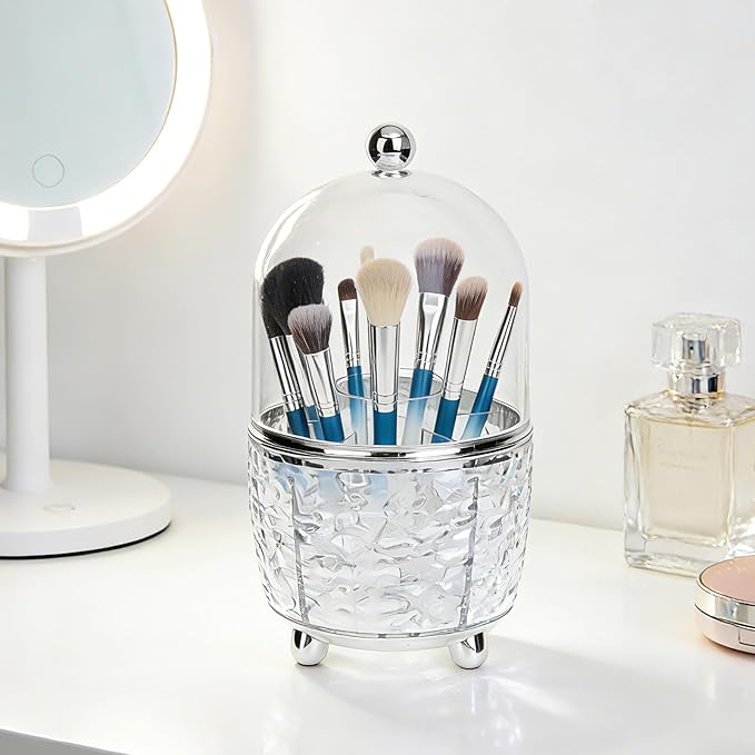 AKAZA 1PCS Rotating Makeup Brush Holder with Lid, rotating makeup organizer for vanity, 360?? Spinning Covered Brushes Storage with Anti-slip Pads for Vanity, Bathroom Countertop (Clear)