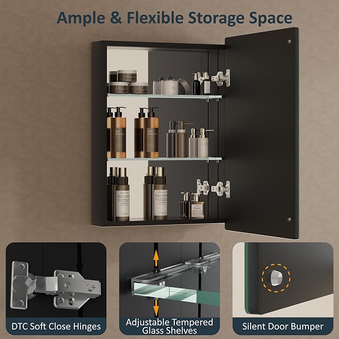20x28 Inch Medicine Cabinet with Mirror, Recessed or Surface Mounted Bathroom Cabinets for Storage, 2 Fully Adjustable Tempered Glass Shelves, Soft-close DTC Hinges, HD Reflection Mirror Door, Black