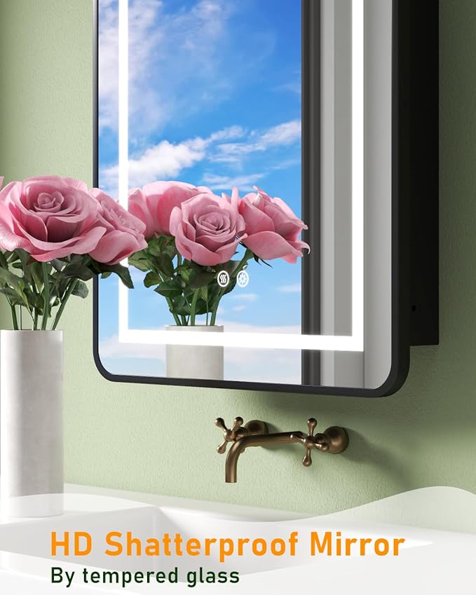 19.7"x31.5" Lighted Medicine Cabinet with Mirror, Arched Bathroom Mirror with Lights and Storage, Dimmable 3 Color with Anti-Fog, Full Metal Recessed & Surface Mount LED Medicine Cabinets Black
