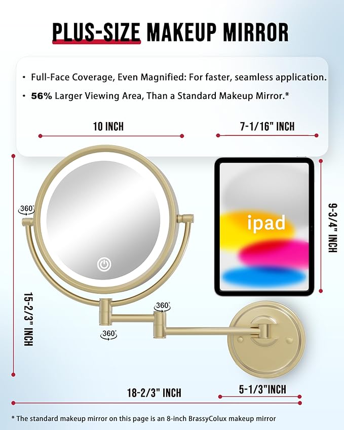 10" Wall Mount Magnifying Mirror with Light Gold HardWired, 1X/5X Double-Sided LED 3 Color Touch Dimming Extended Arm 360 Rotation Cosmetic Light up Mirror for Bathroom, Satin Brushed Gold