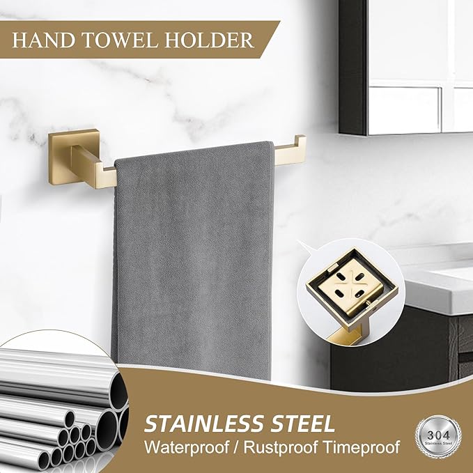 TURS Brushed Gold Bathroom Accessory Set 4-Pieces Bathroom Hardware Set Square Towel Bar Set Stainless Steel Towel Holder Set