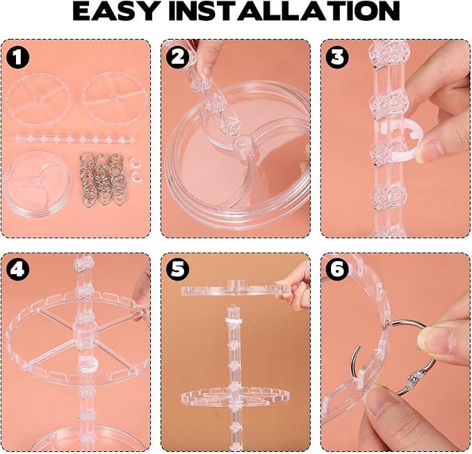 2-Tier Acrylic Claw Clip Organizer Rack with Tray, Large Rotatable Capacity Hair Claw Clips Holder for Bathroom Bedroom, Durable Clear Hair Accessories Organizer Storage with 48 Metal Rings