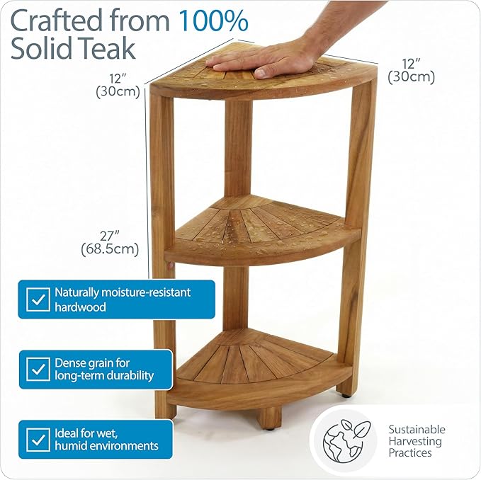 AquaTeak 12" Kai-Petite Teak Corner Shelf Stand - Shower Stand with 3 Tier Shelf for Bathroom - Durable Water Resistant Shower Organizer - Space-Saving Storage Shelves with Anti-Slip Feet