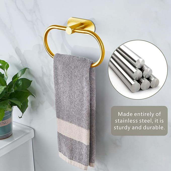 Towel Bar/Bath Towel Ring, Self Adhesive Hand Towel Ring for Bathroom, Stainless Steel Sticky Hand Towel Holder, No Drilling Modern Round Towel Hanger Wall Mounted (2 Pack, Gold)