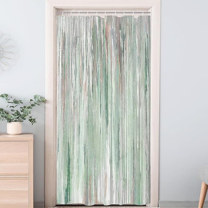 JAWO Small Stall Shower Curtain 47x64 Half Size - Green Abstract Waterproof Fabric Shower Curtains for Bathroom, Cute Modern Aesthetic Abstract Strip RV Camper Narrow Bath Curtain with Hooks