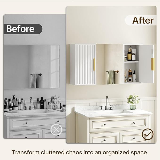 YATINEY Bathroom Wall Cabinet with Mirror, Medicine Cabinet Mirror, Wall Mounted Medicine Cabinet, Mirrored Door Over The Toilet Storage, for Laundry Room, Bedroom, Camper, Hallway, White