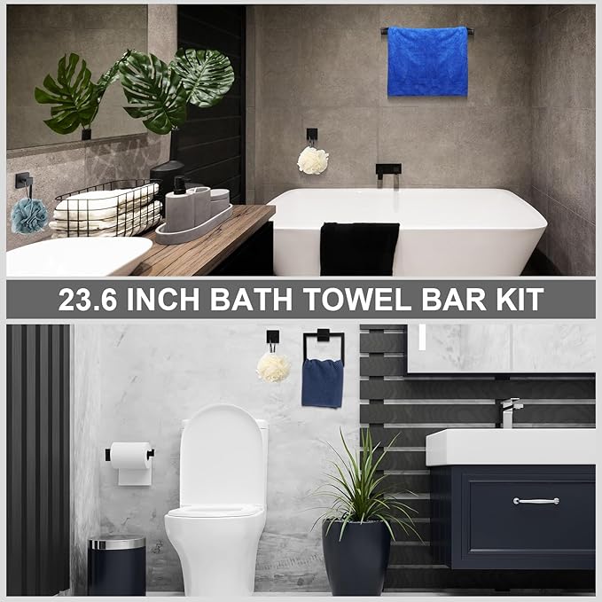 Gisafai 10 Pcs Black Bathroom Hardware Accessories Set 23.6 Inch Bath Towel Bar Kit Stainless Steel Bathroom Hardware Set Towel Racks Ring Robe Hooks Paper Holder for Wall Mounted