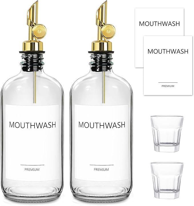 Mouthwash Dispenser for Bathroom, Glass Mouthwash Dispenser with Cup, Mouth Wash Container Bottle with Cup, Refillable Mouthwash Decanter, Clear,17oz,2 Pack