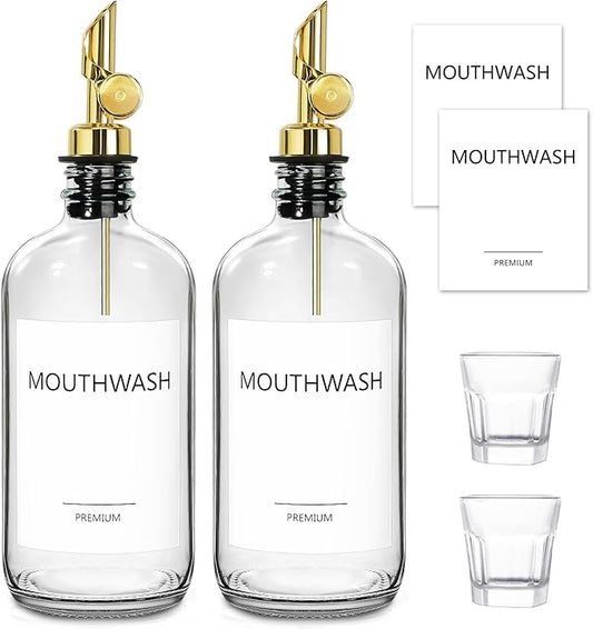 Mouthwash Dispenser for Bathroom, Glass Mouthwash Dispenser with Cup, Mouth Wash Container Bottle with Cup, Refillable Mouthwash Decanter, Clear,17oz,2 Pack