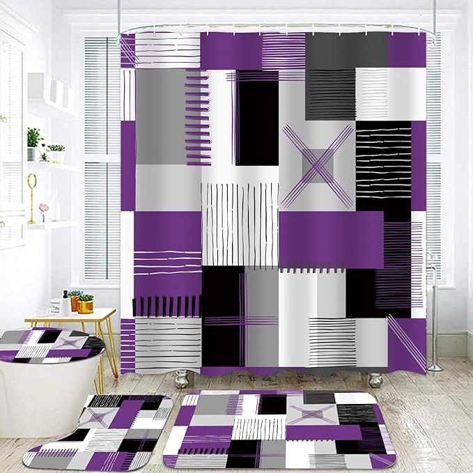 Shower Curtain Sets Lavender Purple Bathroom Sets with Shower Curtains and Rugs Modern Home Bathroom Décor Accessories,Shower Curtains Waterproof with Non-Slip Rugs Toilet Lid Cover and Bath Mat