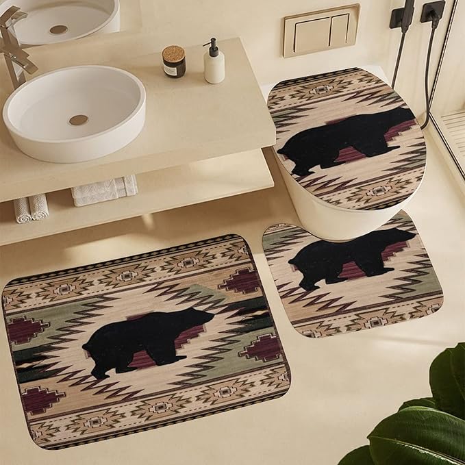 Rustic Black Bear Shower Curtain Sets with Rugs 4 Piece Accessories Bathroom Curtains Shower Set Include Shower Curtain Non-Slip Rug Toilet Lid Cover Bath Mat One Size