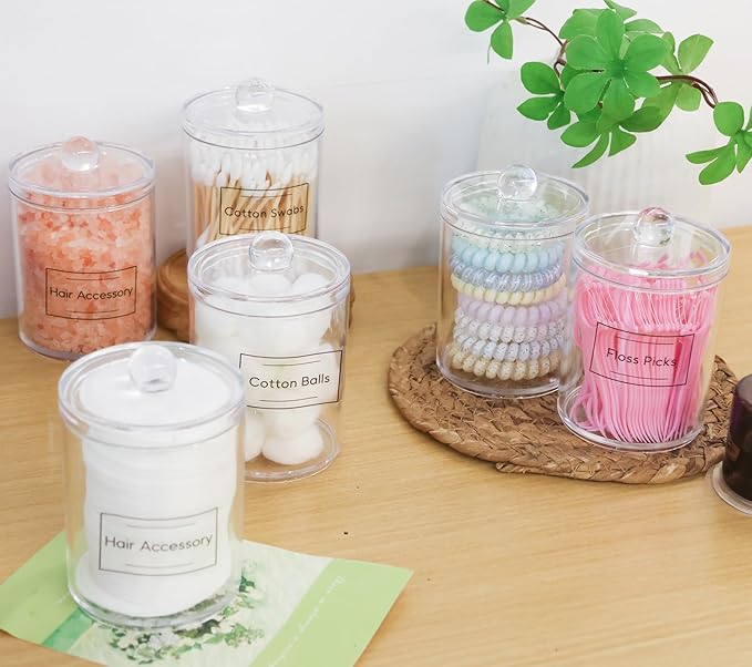 2 Pack Acrylic Qtip Holder Dispenser,Canisters Apothecary Jar Set, Vanity Makeup Bathroom Organizers and Storage Set, 10 and 12 oz