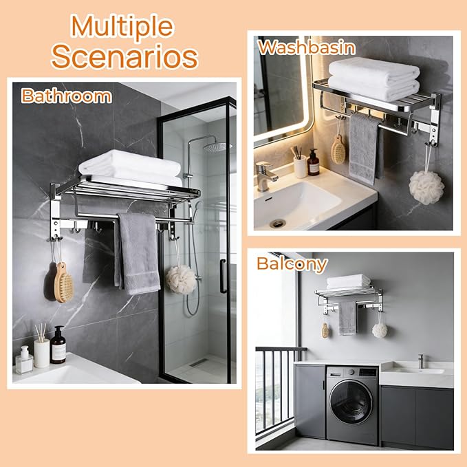 24" Double Towel Rack with 7 Hooks, SUS304 Stainless Steel Towel Bar Towel Rack with Shelf, 90° Foldable Towel Holder, for Bathroom Wall Mounted.（Mirror Polished Silver）
