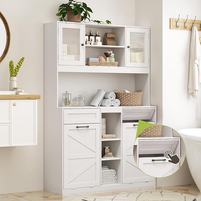 Tall Tilt-Out Double Laundry Hamper Cabinet with 2x11-Gallon Hidden Laundry Basket, Tilt Out Trash Bin Cabinet with Fluted Glass Doors, Farmhouse Wooden Bathroom Storage with Push Doors, White