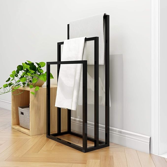Metal Towel Racks 3 Bars for Bathroom Freestanding Drying Shelf 3 Tier Storage Organizer Washcloths Holder (Black)