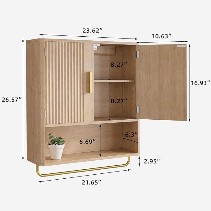 Memobarco Bathroom Cabinet Wall Mount with Fluted Door Panel & Adjustable Shelf, Medicine Cabinet with Open Partition and Towel Bar, Wall Storage Cabinet for Laundry Room & Kitchen (Natural Oak)