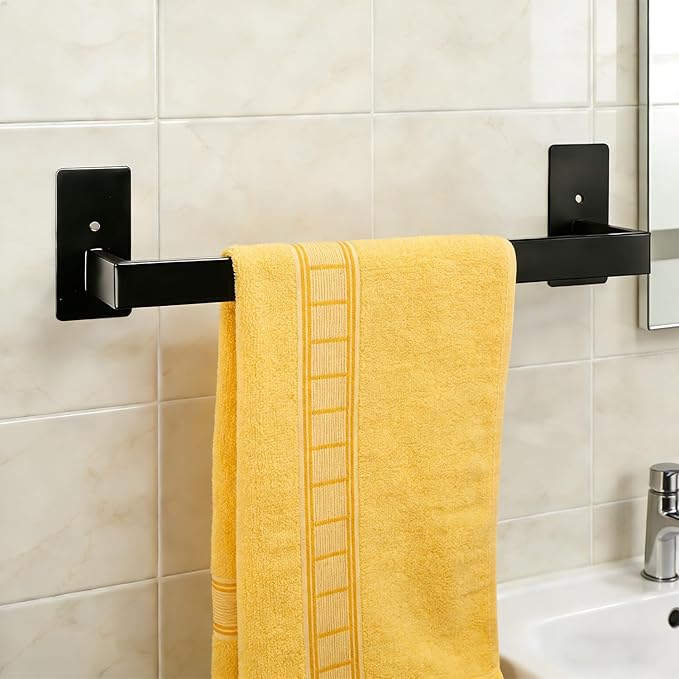 Bathroom Towel Bar Self Adhesive, No Drilling Towel Rack Easy to Install,Hand Towel Holder Made of Premium Stainless Steel Sticky on Hand Towel Hanger for Kitchen, Toilet(12IN, Black)