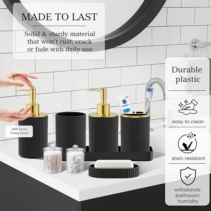 Black Gold Bathroom Accessories Set - Bathroom Sets, 25PC Bath Accessory Set, Bathroom Sets with Push Top Trash Can, Shower Curtain and Rugs, Toilet Brush, Trash Can & Soap Dispenser